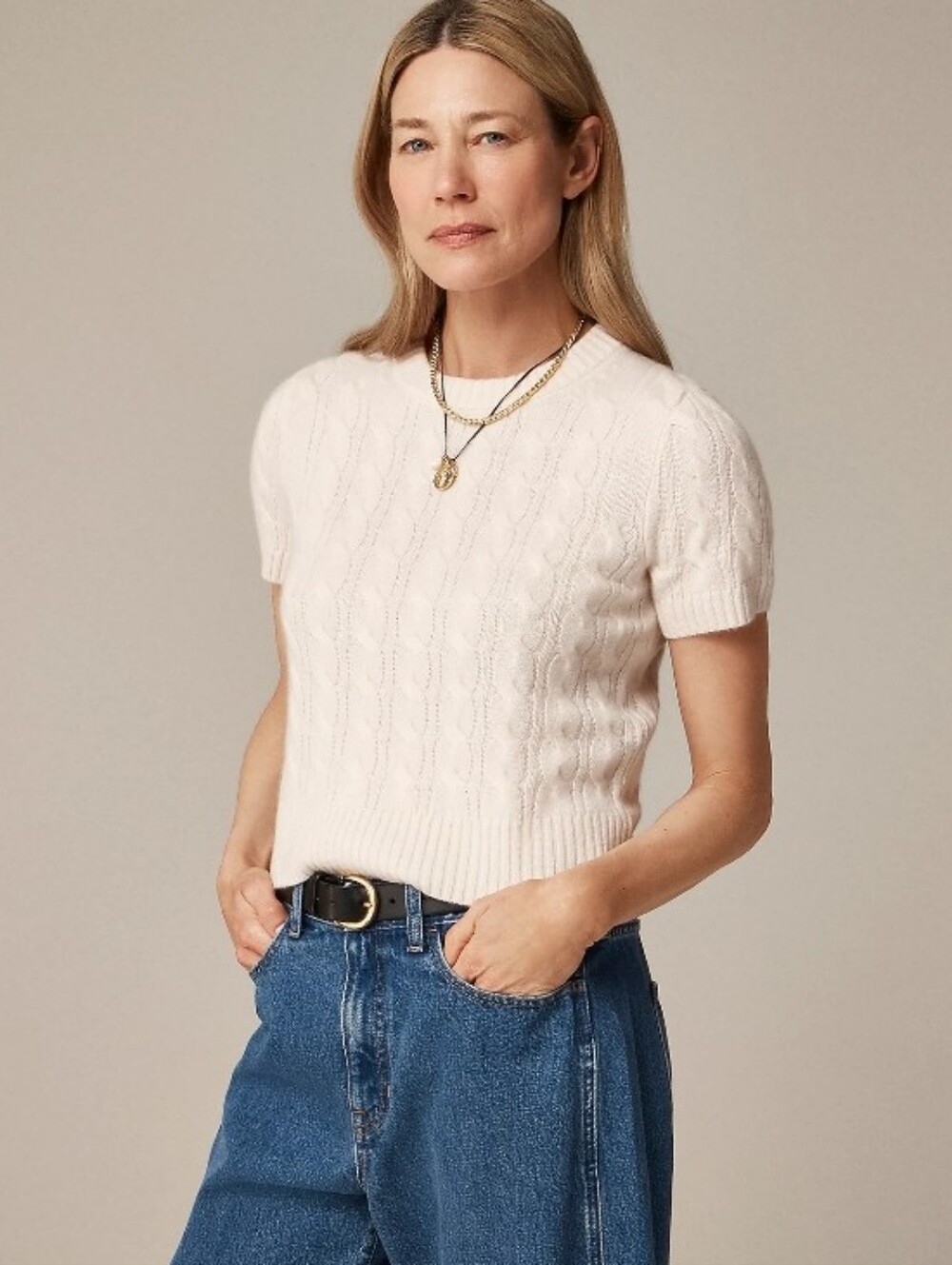 JCREW CASHMERE CABLE KNIT TEE TSHIRT SWEATER IN IVORY - Picture 2 of 6
